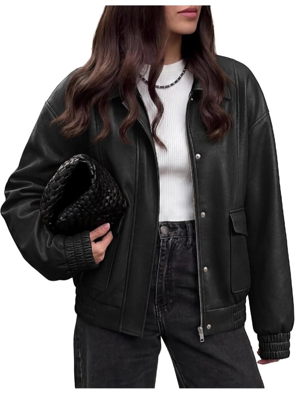 Women's Black Faux Leather Fall Clothes Long Sleeve Jacket Snap and Zipper